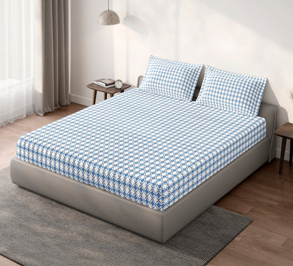 Spaces Aeris Blue Geometric Cotton 144TC Percale Large Bedsheet Set