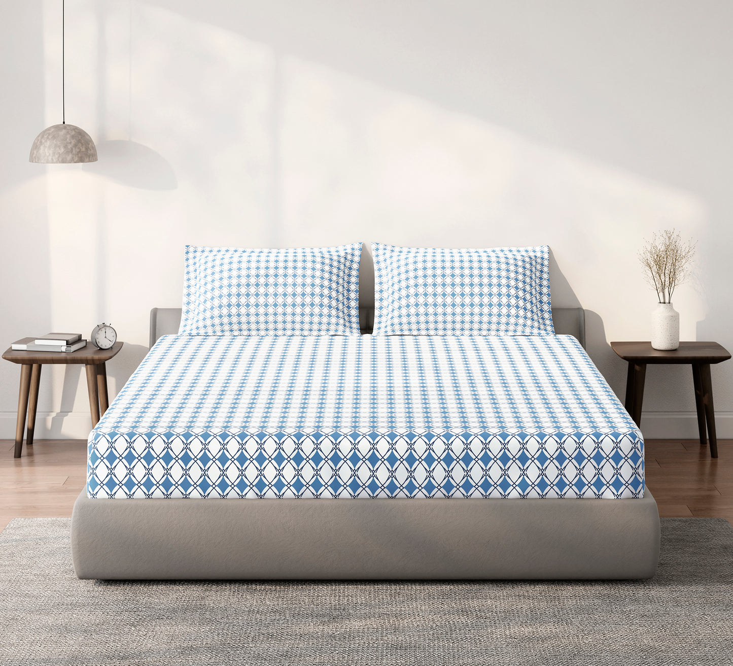 Spaces Aeris Blue Geometric Cotton 144TC Percale Large Bedsheet Set