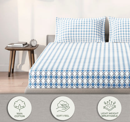 Spaces Aeris Blue Geometric Cotton 144TC Percale Large Bedsheet Set