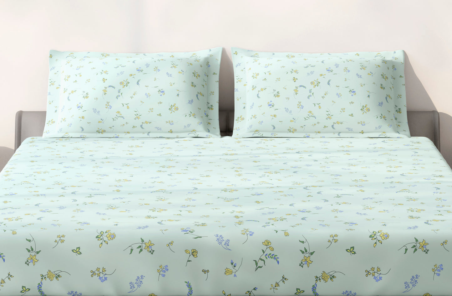 Spaces Aeris Light Blue Floral Cotton 144TC Percale Large Bedsheet Set