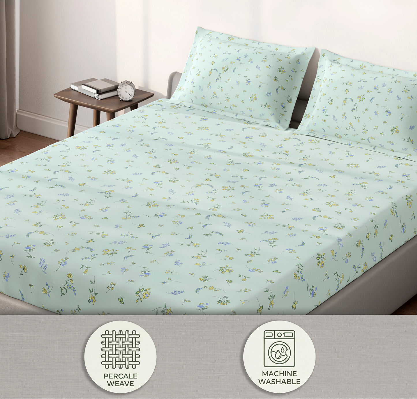 Spaces Aeris Light Blue Floral Cotton 144TC Percale Large Bedsheet Set