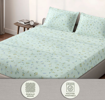 Spaces Aeris Light Blue Floral Cotton 144TC Percale Large Bedsheet Set