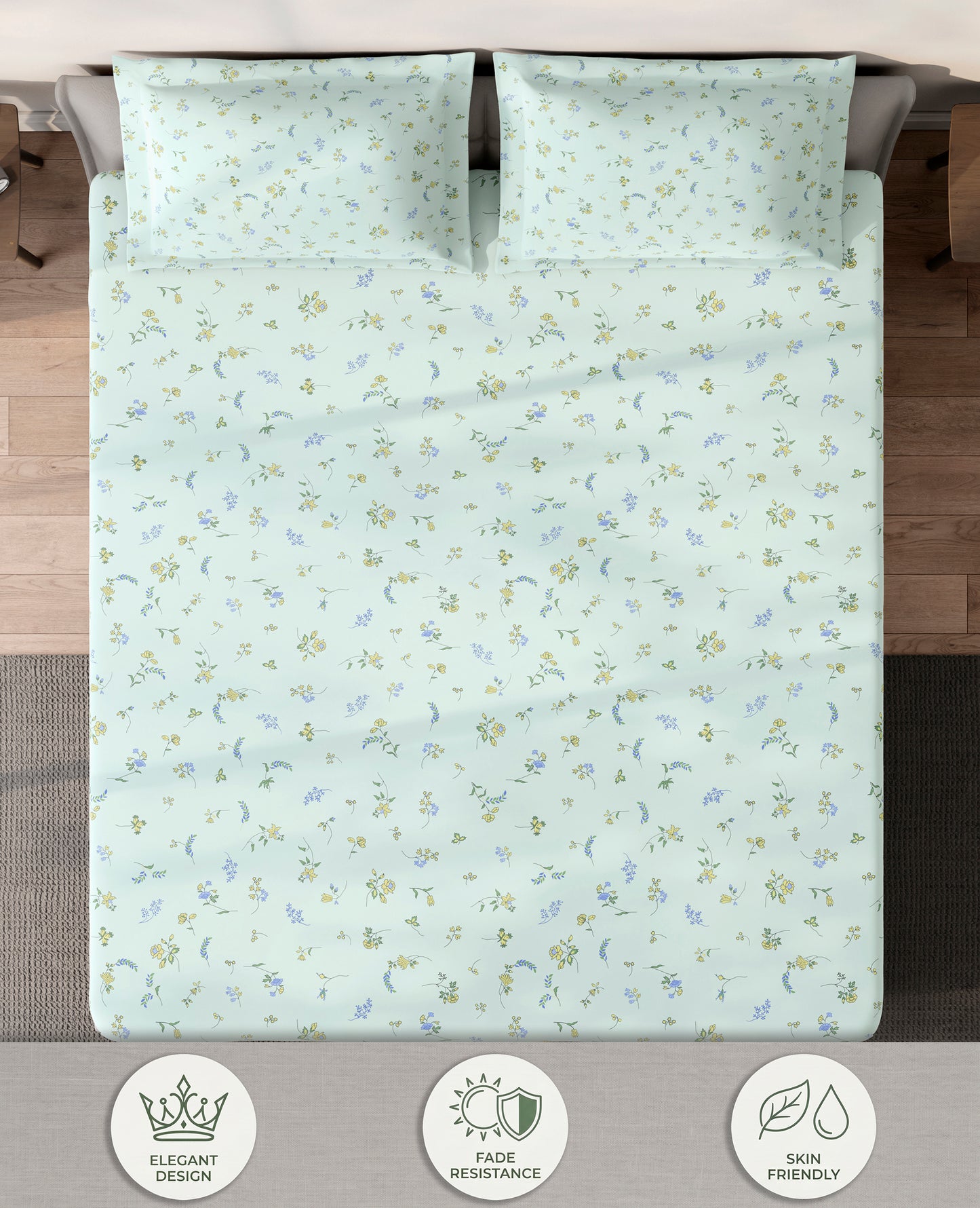 Spaces Aeris Light Blue Floral Cotton 144TC Percale Large Bedsheet Set