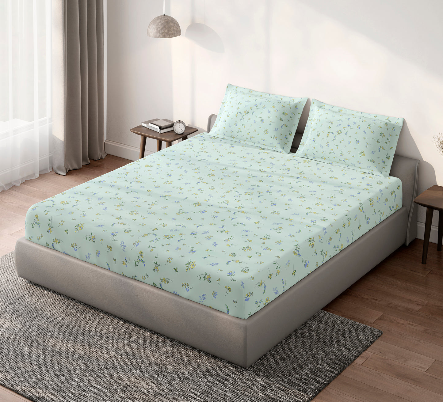 Spaces Aeris Light Blue Floral Cotton 144TC Percale Large Bedsheet Set