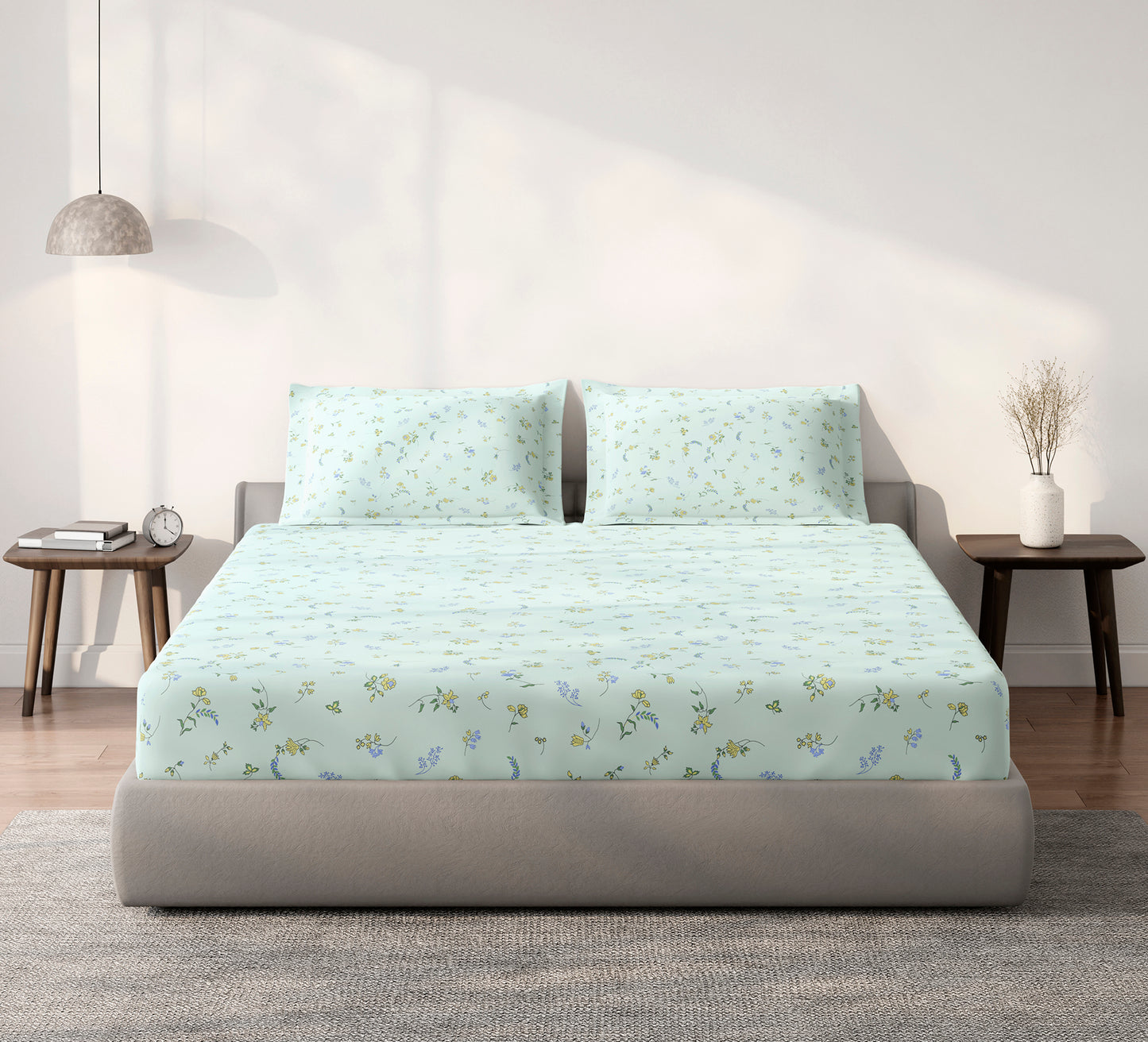 Spaces Aeris Light Blue Floral Cotton 144TC Percale Large Bedsheet Set