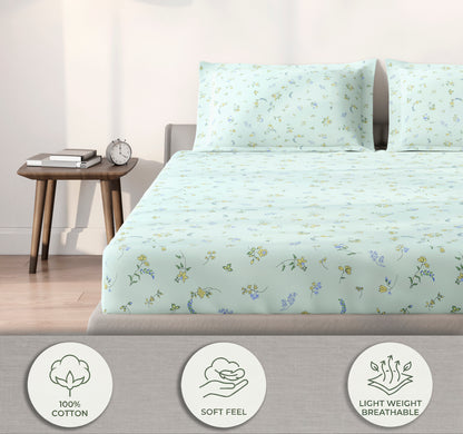 Spaces Aeris Light Blue Floral Cotton 144TC Percale Large Bedsheet Set