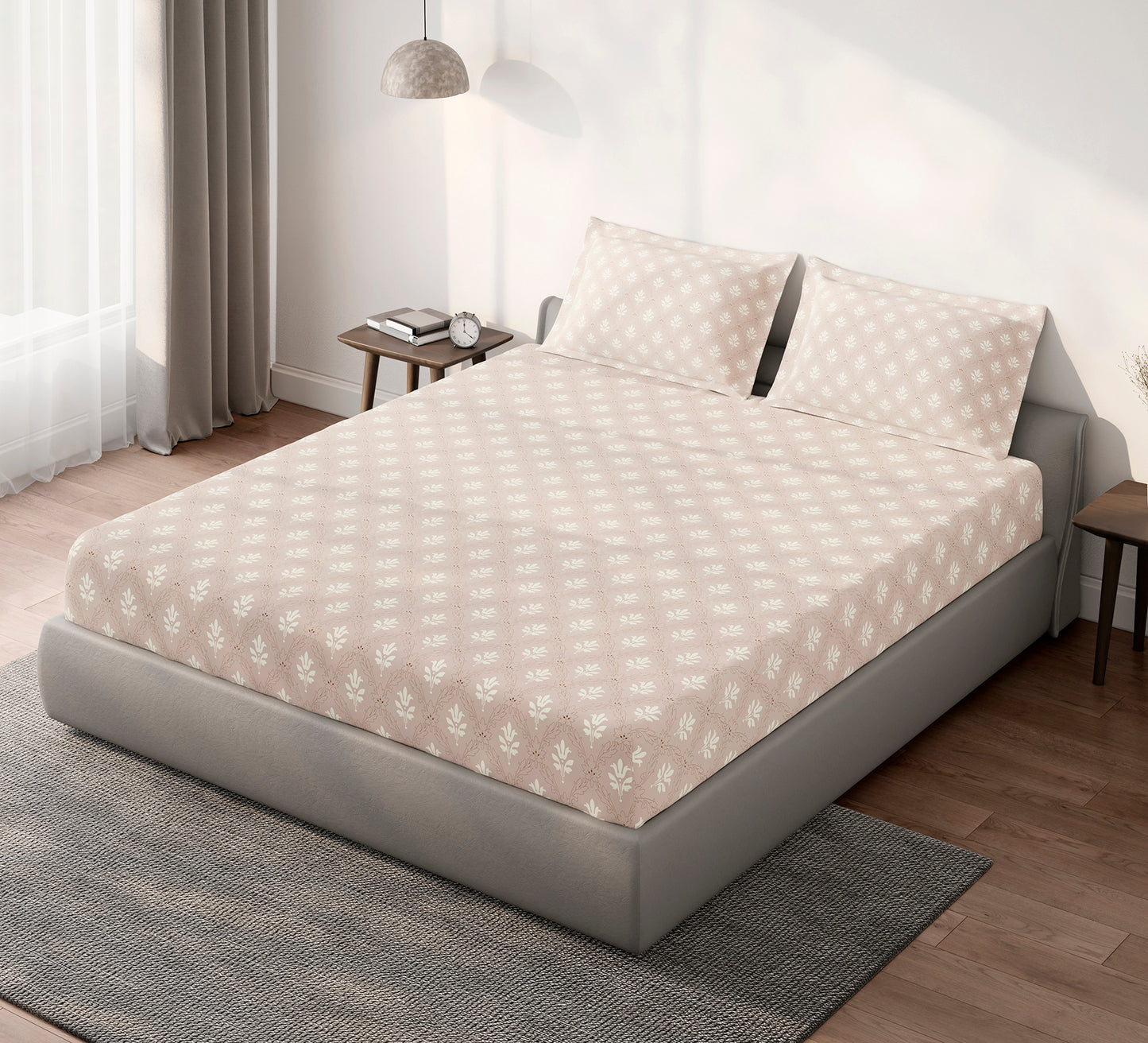 Spaces Aeris Light Taupe Floral Cotton 144TC Percale Large Bedsheet Set