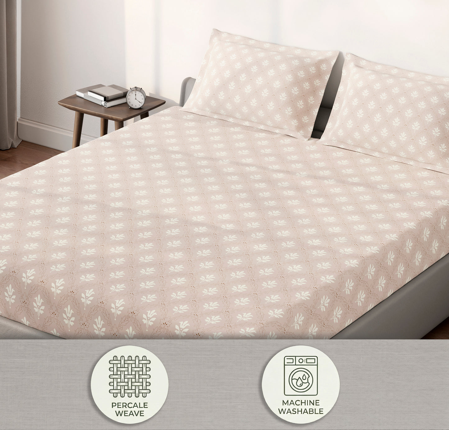 Spaces Aeris Light Taupe Floral Cotton 144TC Percale Large Bedsheet Set