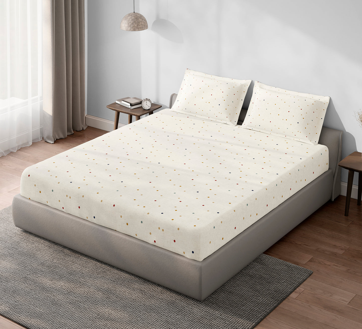 Spaces Aeris Beige Geometric Cotton 144TC Percale Large Bedsheet Set