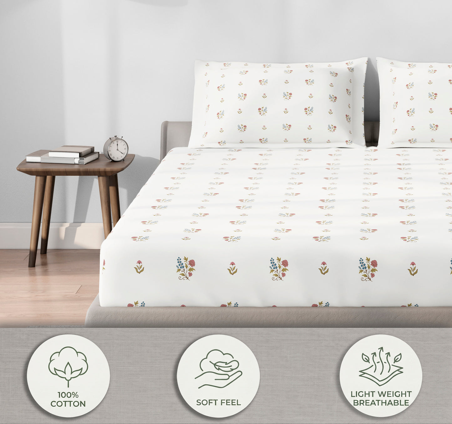 Spaces Aeris Cream Floral Cotton 144TC Percale Large Bedsheet Set