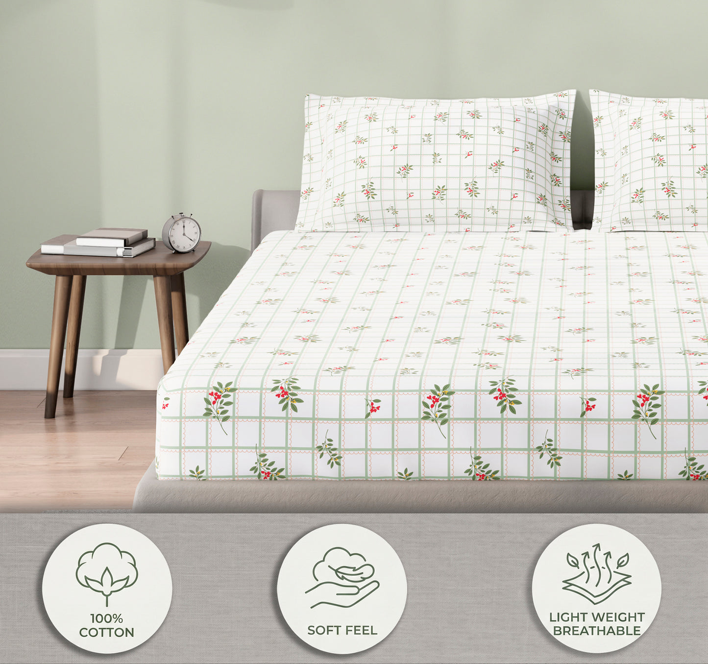 Spaces Aeris White Floral 100% Cotton 144 TC Queen Fitted Sheet