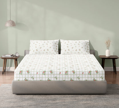 Spaces Aeris White Floral 100% Cotton 144 TC Queen Fitted Sheet