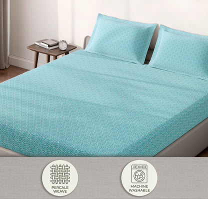 Spaces Aeris Light Aqua Geometric 100% Cotton 144 TC Queen Fitted Sheet