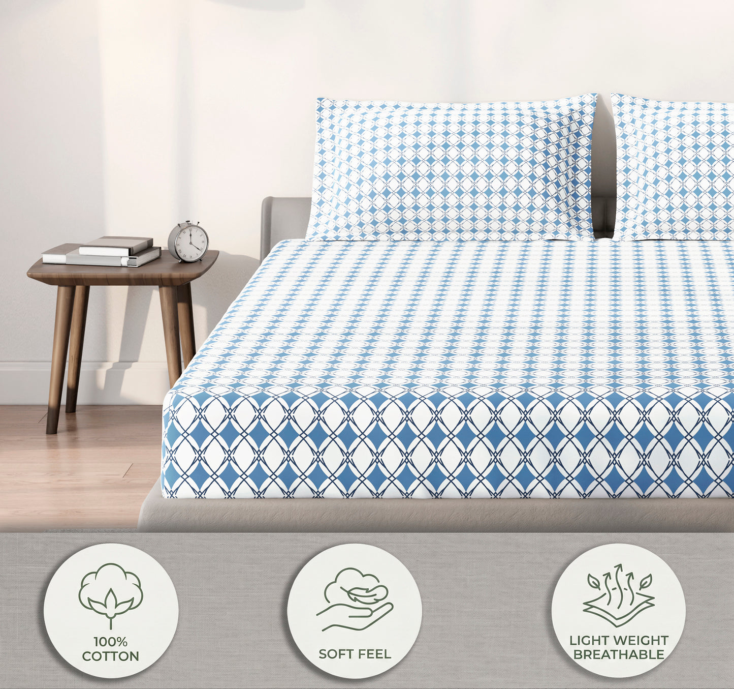 Spaces Aeris Blue Geometric 100% Cotton 144 TC Queen Fitted Sheet