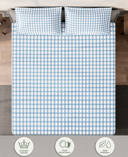 Spaces Aeris Blue Geometric 100% Cotton 144 TC Queen Fitted Sheet