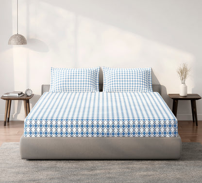 Spaces Aeris Blue Geometric 100% Cotton 144 TC Queen Fitted Sheet