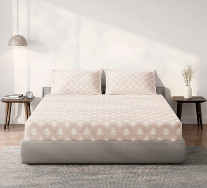 Spaces Aeris Light Taupe Floral 100% Cotton 144 TC Queen Fitted Sheet