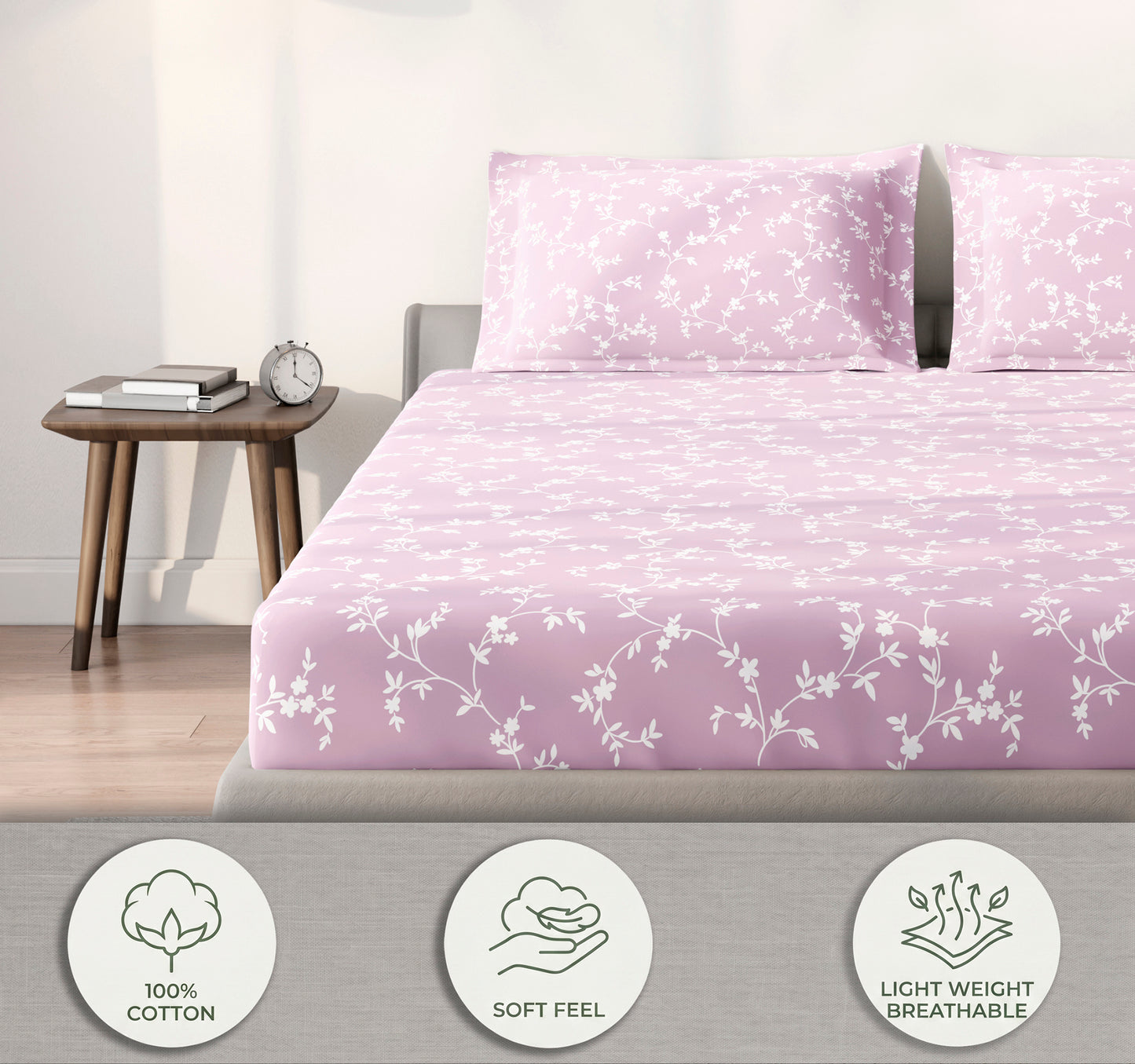 Spaces Aeris Light Pink Floral 100% Cotton 144 TC Queen Fitted Sheet