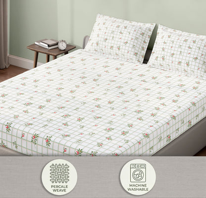 Spaces Aeris White Floral 100% Cotton 144 TC King Fitted Sheet