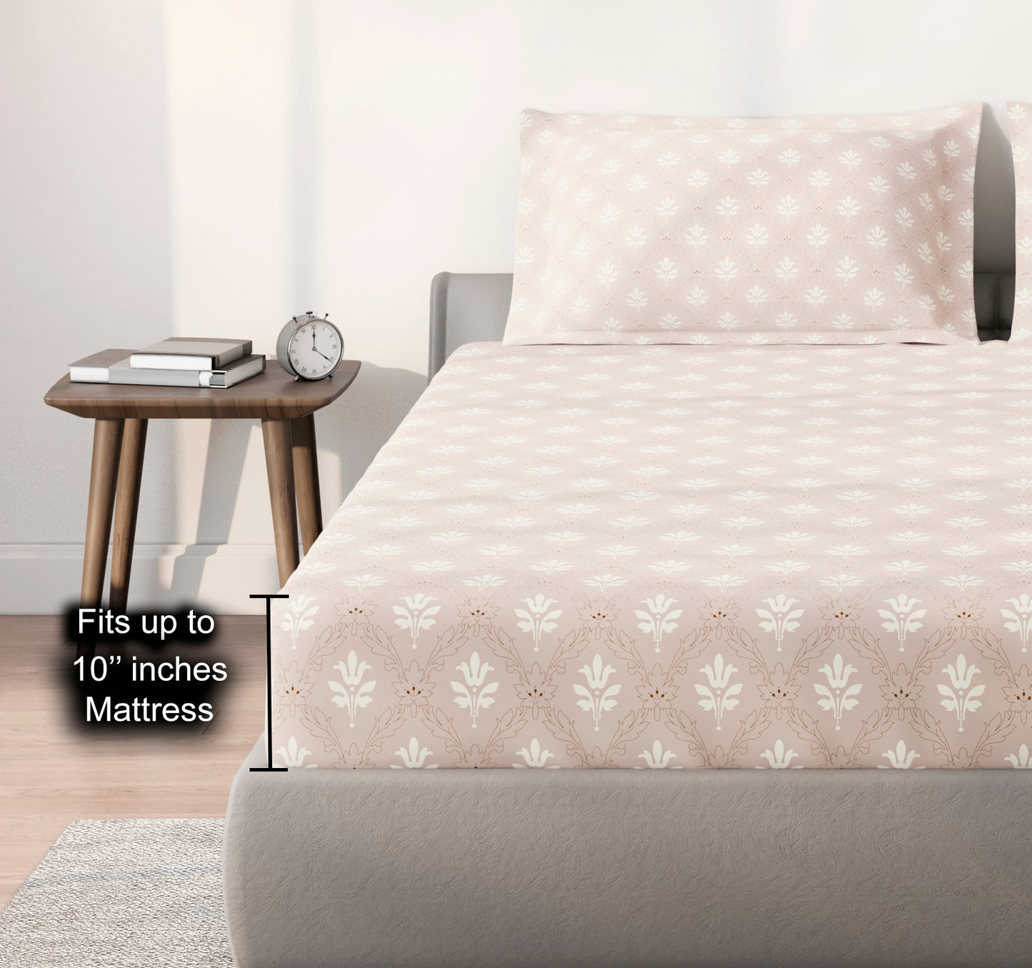 Spaces Aeris Light Taupe Floral 100% Cotton 144 TC King Fitted Sheet