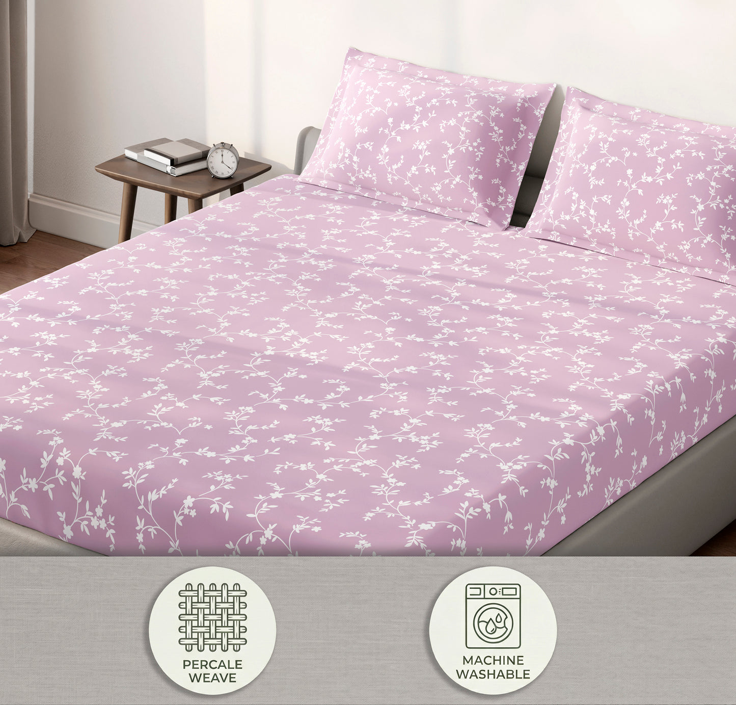 Spaces Aeris Light Pink Floral 100% Cotton 144 TC King Fitted Sheet