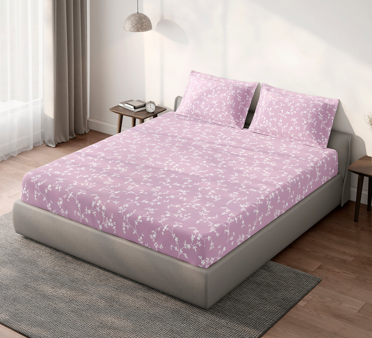 Spaces Aeris Light Pink Floral 100% Cotton 144 TC King Fitted Sheet