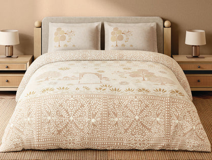 Spaces Sanjhi Beige Floral 100% Cotton 300 TC Large Bedsheet with 2 Pillow Covers - 108 x 108 Inches