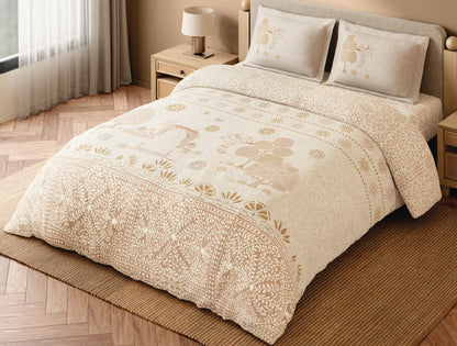 Spaces Sanjhi Beige Floral 100% Cotton 300 TC Large Bedsheet with 2 Pillow Covers - 108 x 108 Inches
