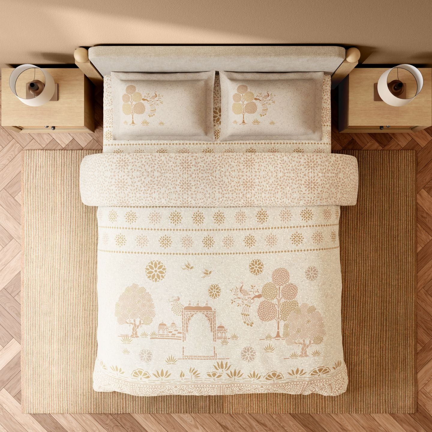 Spaces Sanjhi Beige Floral 100% Cotton 300 TC Large Bedsheet with 2 Pillow Covers - 108 x 108 Inches