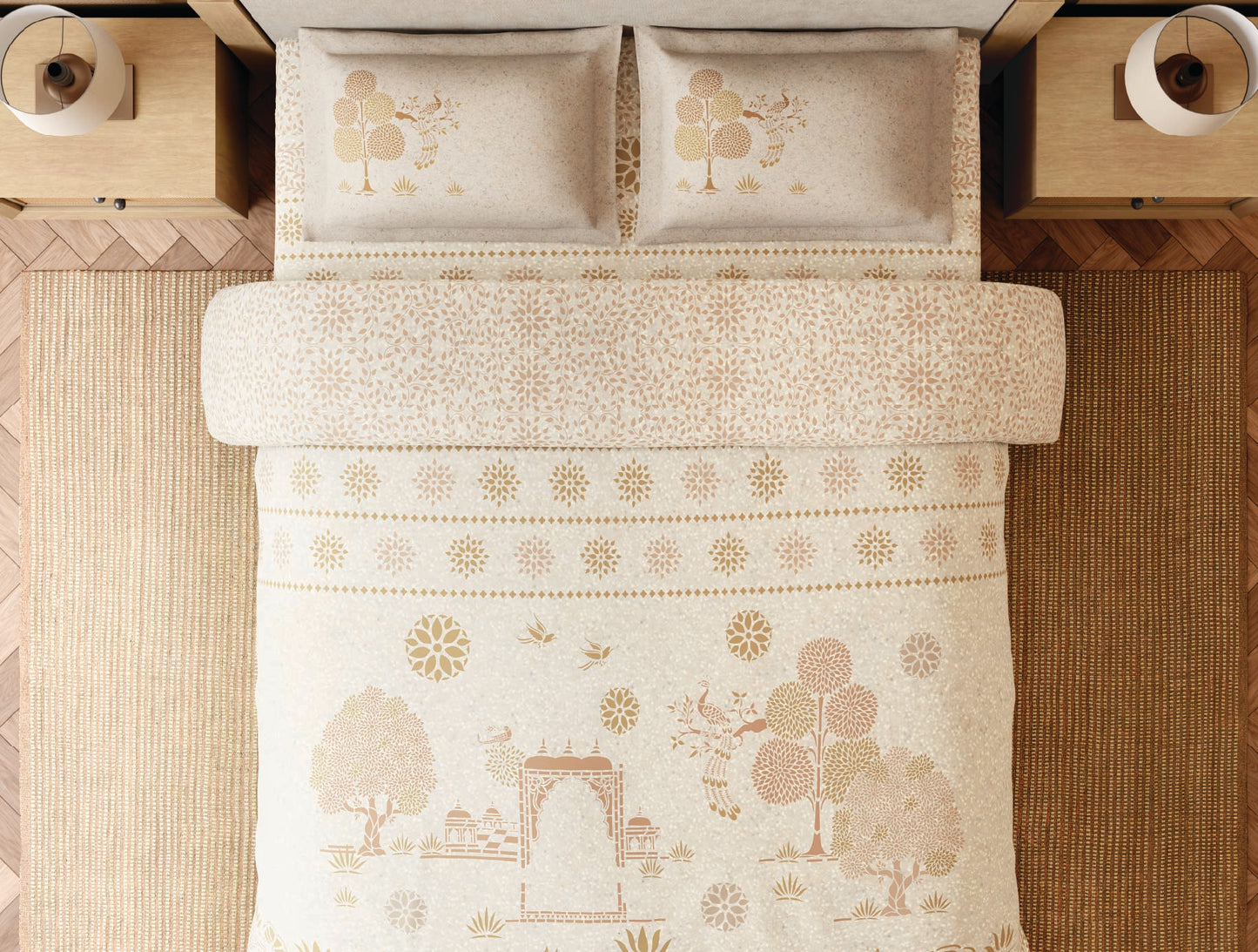 Spaces Sanjhi Beige Floral 100% Cotton 300 TC Large Bedsheet with 2 Pillow Covers - 108 x 108 Inches
