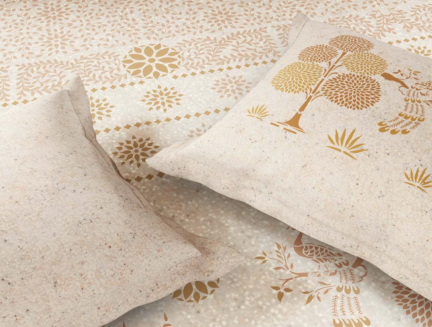 Spaces Sanjhi Beige Floral 100% Cotton 300 TC Large Bedsheet with 2 Pillow Covers - 108 x 108 Inches