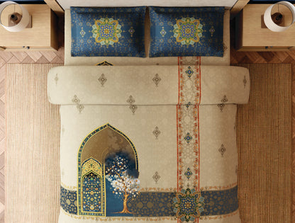 Spaces Meenakari Light Taupe Ornate 100% Cotton 300 TC Large Bedsheet with 2 Pillow Covers - 108 x 108 Inches