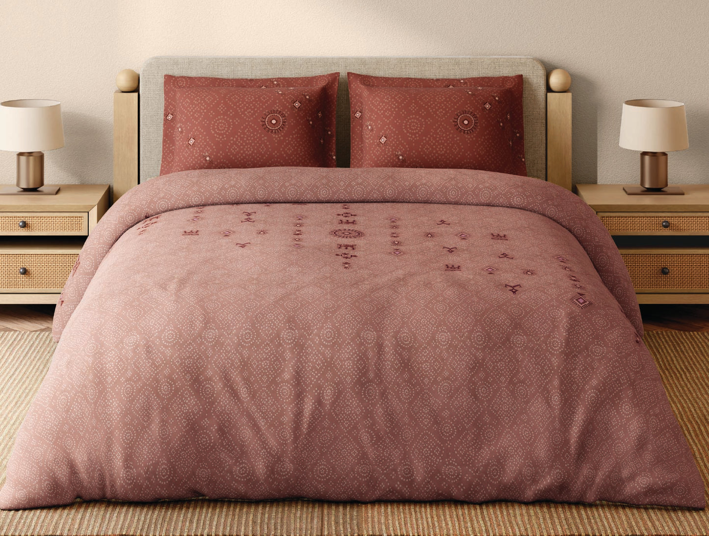 Spaces Godna Blush Ornate 100% Cotton 300 TC Large Bedsheet with 2 Pillow Covers - 108 x 108 Inches