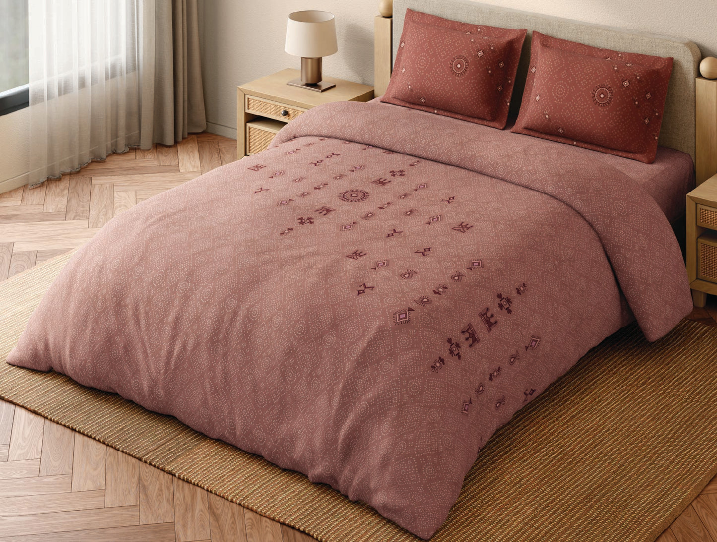 Spaces Godna Blush Ornate 100% Cotton 300 TC Large Bedsheet with 2 Pillow Covers - 108 x 108 Inches