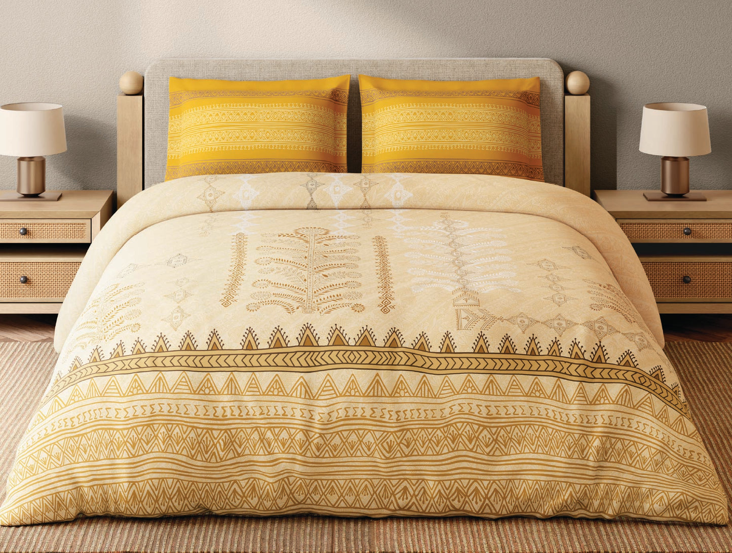 Spaces Godna Beige Ornate 100% Cotton 300 TC Large Bedsheet with 2 Pillow Covers - 108 x 108 Inches