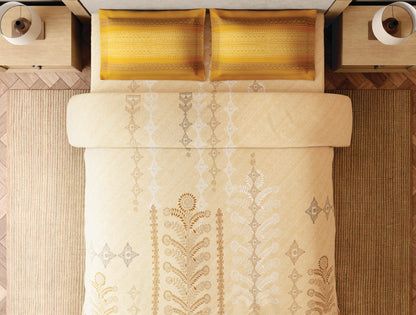 Spaces Godna Beige Ornate 100% Cotton 300 TC Large Bedsheet with 2 Pillow Covers - 108 x 108 Inches
