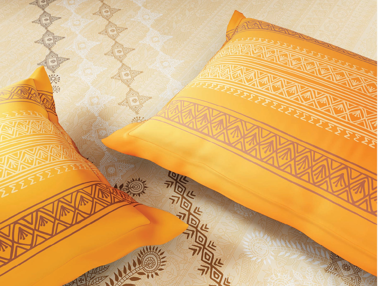 Spaces Godna Beige Ornate 100% Cotton 300 TC Large Bedsheet with 2 Pillow Covers - 108 x 108 Inches