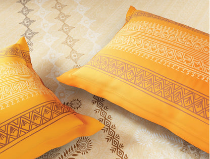 Spaces Godna Beige Ornate 100% Cotton 300 TC Large Bedsheet with 2 Pillow Covers - 108 x 108 Inches