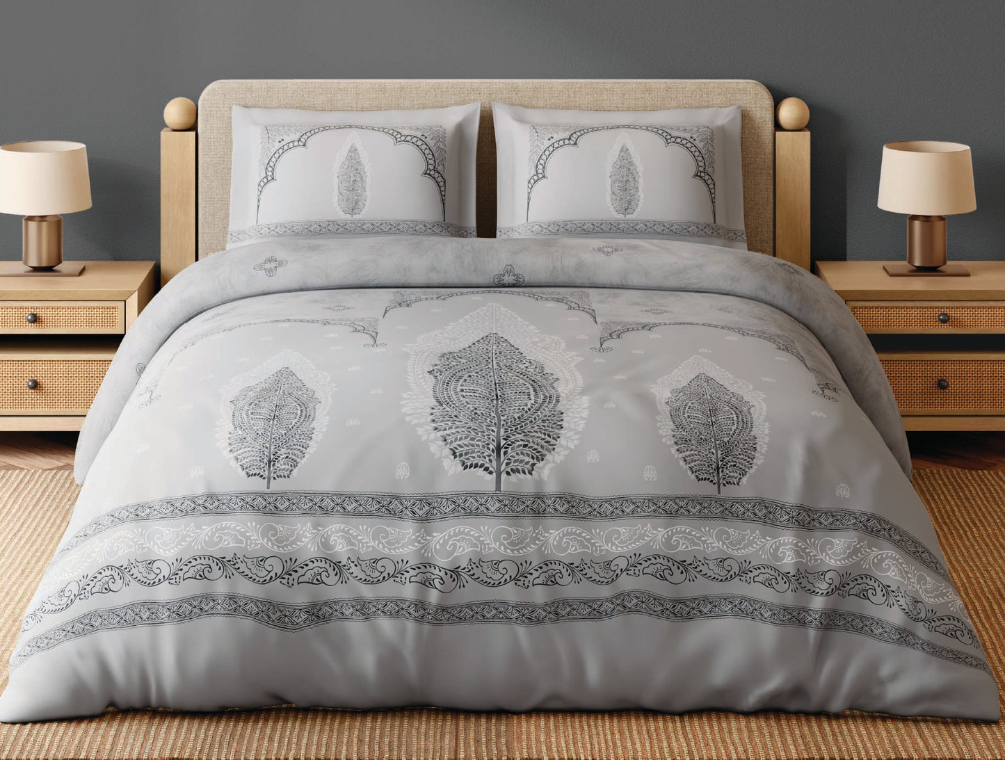 Spaces Patachitra Light Grey Ornate 100% Cotton 300 TC Large Bedsheet with 2 Pillow Covers - 108 x 108 Inches
