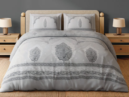 Spaces Patachitra Light Grey Ornate 100% Cotton 300 TC Large Bedsheet with 2 Pillow Covers - 108 x 108 Inches
