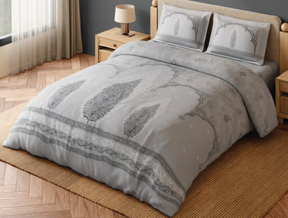 Spaces Patachitra Light Grey Ornate 100% Cotton 300 TC Large Bedsheet with 2 Pillow Covers - 108 x 108 Inches