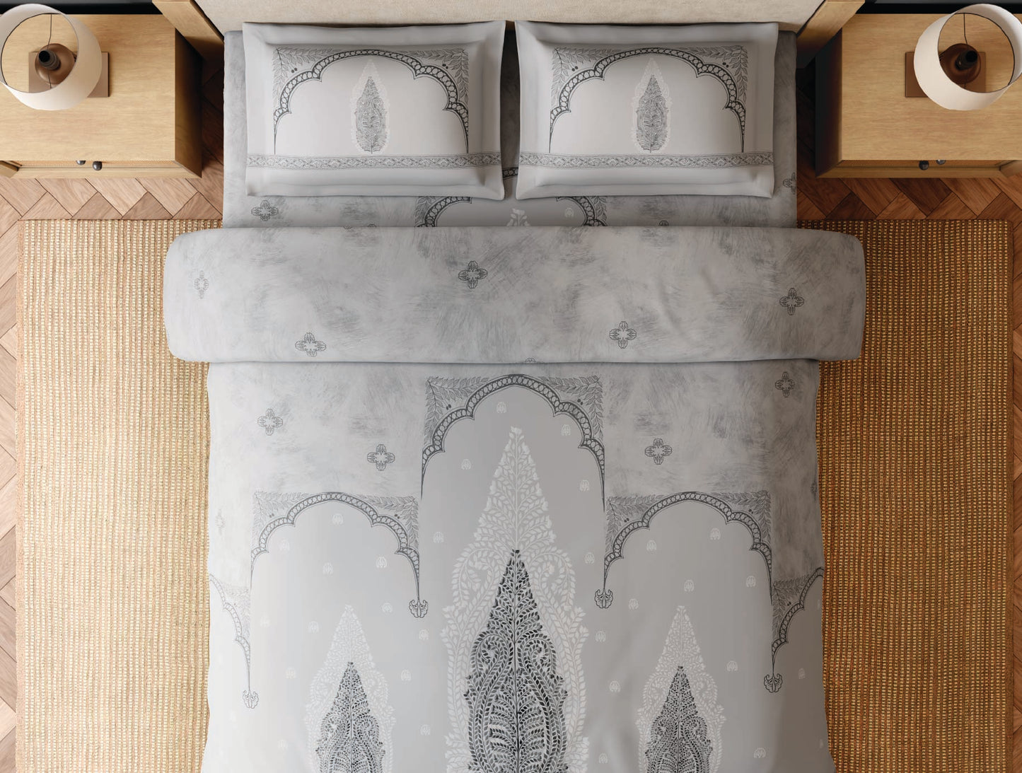 Spaces Patachitra Light Grey Ornate 100% Cotton 300 TC Large Bedsheet with 2 Pillow Covers - 108 x 108 Inches