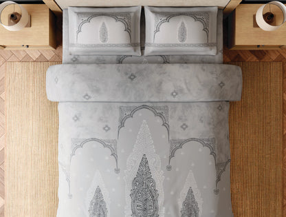 Spaces Patachitra Light Grey Ornate 100% Cotton 300 TC Large Bedsheet with 2 Pillow Covers - 108 x 108 Inches