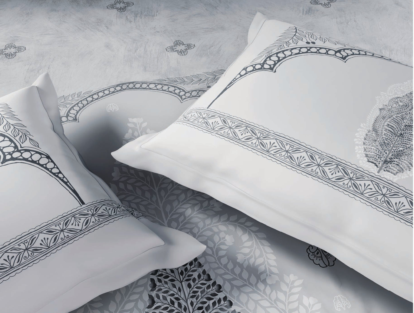 Spaces Patachitra Light Grey Ornate 100% Cotton 300 TC Large Bedsheet with 2 Pillow Covers - 108 x 108 Inches
