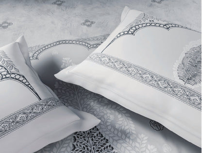Spaces Patachitra Light Grey Ornate 100% Cotton 300 TC Large Bedsheet with 2 Pillow Covers - 108 x 108 Inches
