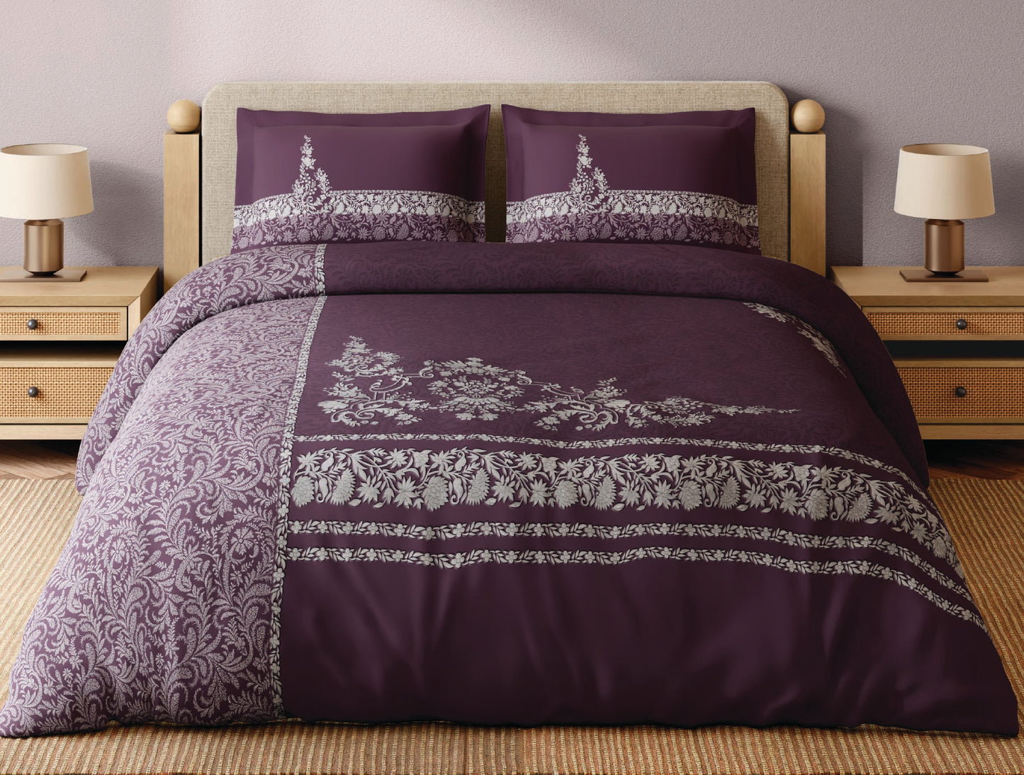 Spaces Bidriware 100% Cotton 300 TC Floral Dark Violet Festive Large Bedsheet with 2 Pillow Covers - 108 x 108 Inches