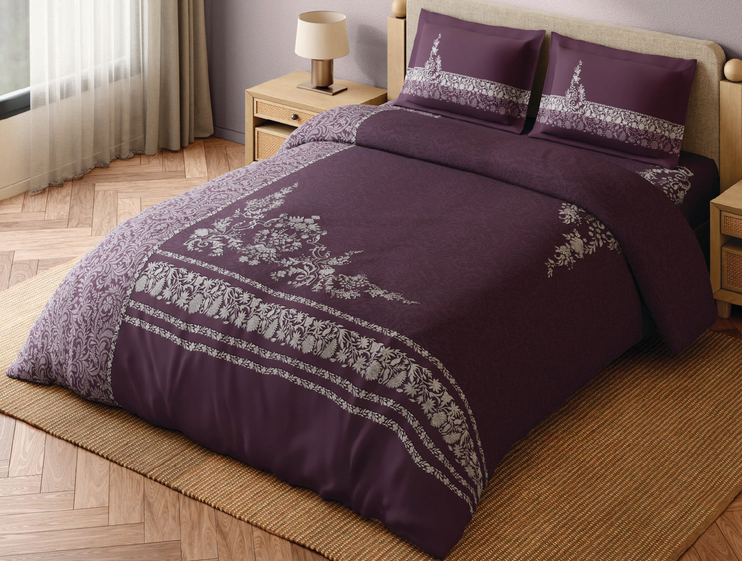 Spaces Bidriware 100% Cotton 300 TC Floral Dark Violet Festive Large Bedsheet with 2 Pillow Covers - 108 x 108 Inches
