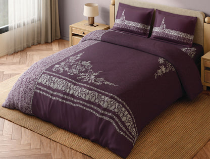 Spaces Bidriware 100% Cotton 300 TC Floral Dark Violet Festive Large Bedsheet with 2 Pillow Covers - 108 x 108 Inches