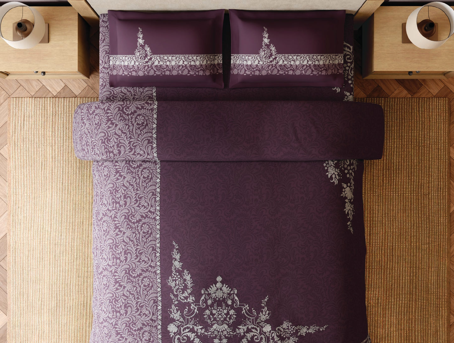 Spaces Bidriware 100% Cotton 300 TC Floral Dark Violet Festive Large Bedsheet with 2 Pillow Covers - 108 x 108 Inches