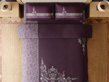 Spaces Bidriware 100% Cotton 300 TC Floral Dark Violet Festive Large Bedsheet with 2 Pillow Covers - 108 x 108 Inches